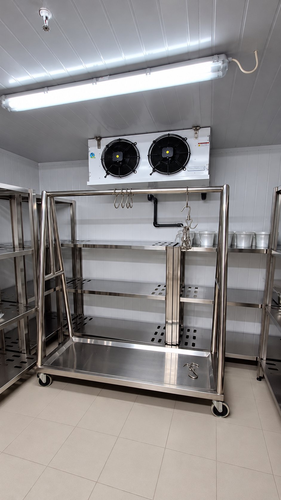 Walk-in cold room with stainless steel shelving, evaporator fans and hanging-meat trolley
