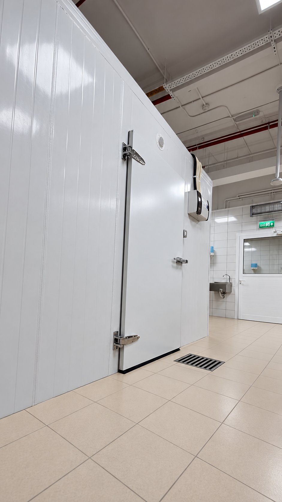 Insulated panel cold room exterior with hinged door and floor drain